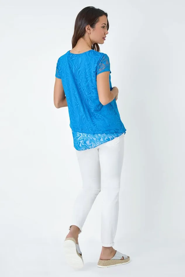 Women Blue Textured Swirl Print Overlay Top Roman Tops