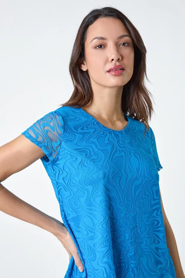 Women Blue Textured Swirl Print Overlay Top Roman Tops