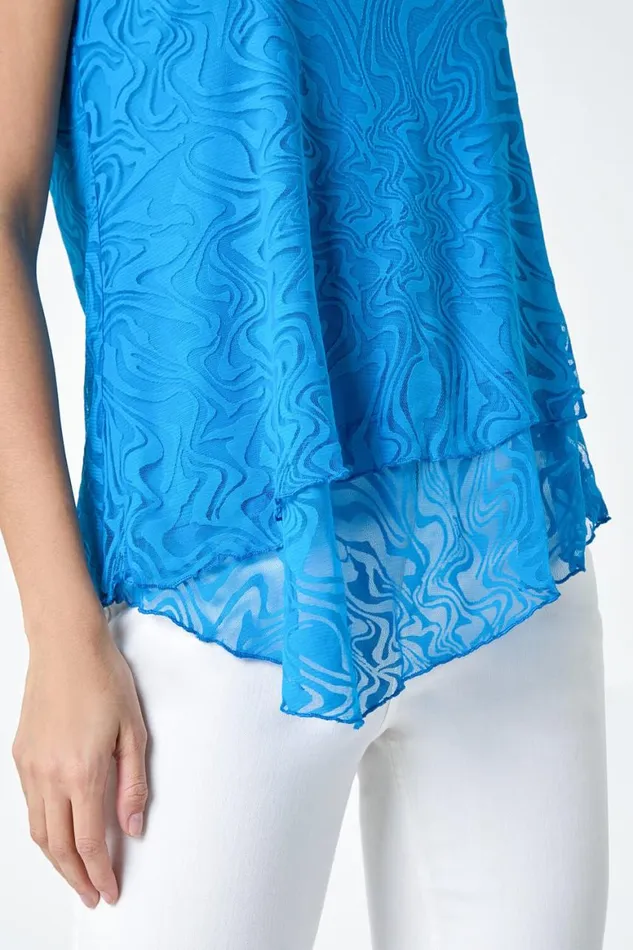 Women Blue Textured Swirl Print Overlay Top Roman Tops