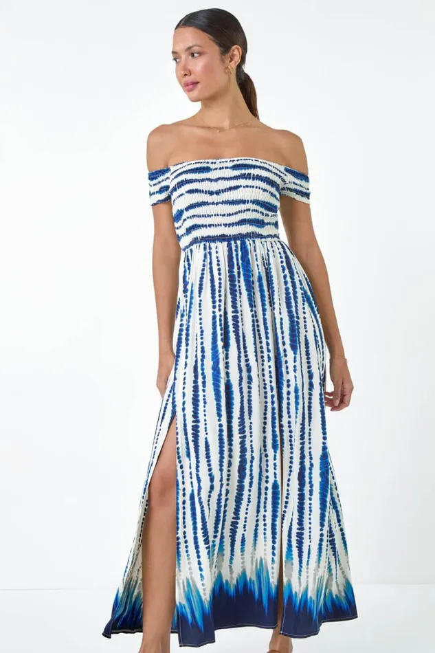 Women Blue Tie Dye Shirred Bardot Maxi Dress Roman Dresses