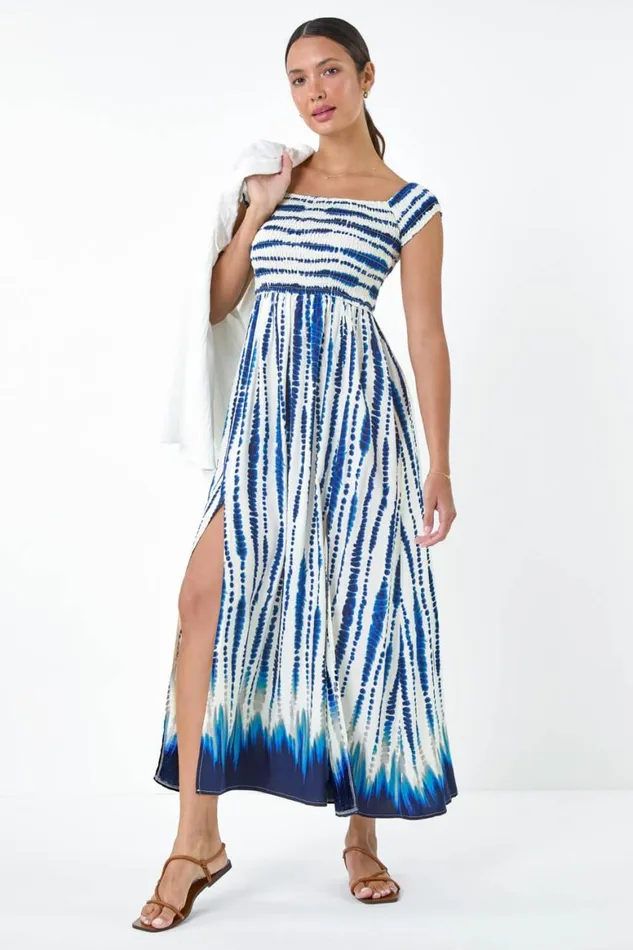 Women Blue Tie Dye Shirred Bardot Maxi Dress Roman Dresses