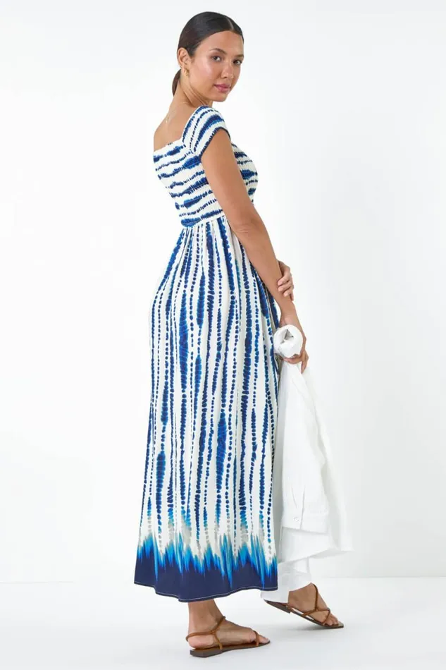 Women Blue Tie Dye Shirred Bardot Maxi Dress Roman Dresses