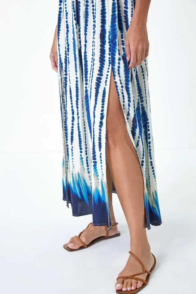 Women Blue Tie Dye Shirred Bardot Maxi Dress Roman Dresses