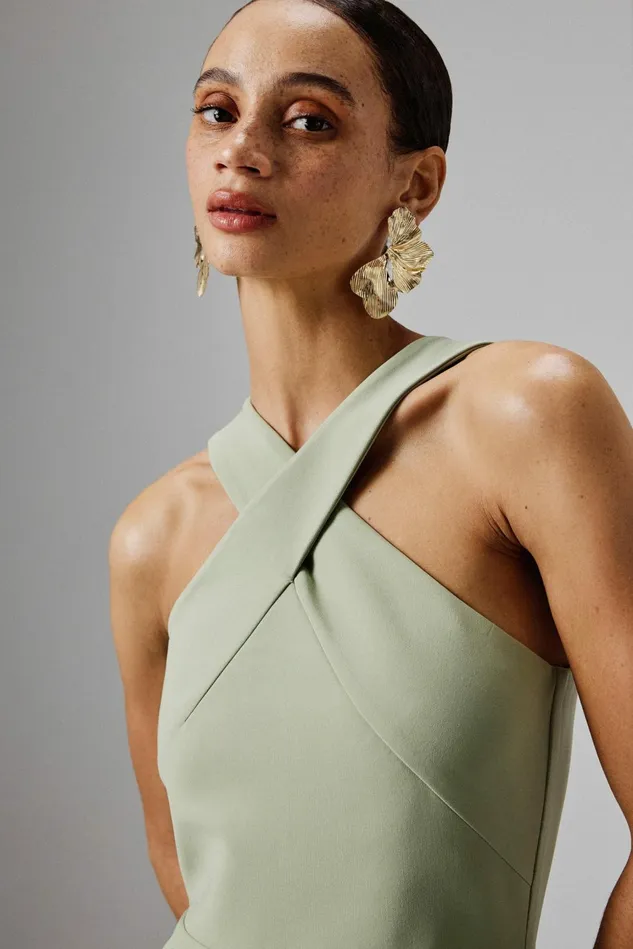 Women Bodycon Dresses Lavish Alice LENA Wrap Halterneck Midi Dress In Sage Green Sage Green