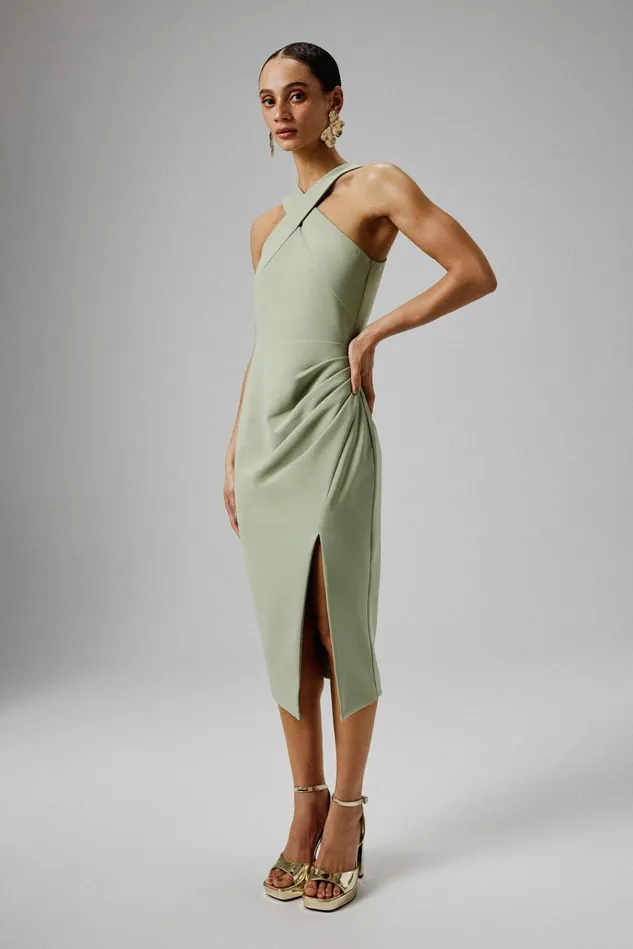Women Bodycon Dresses Lavish Alice LENA Wrap Halterneck Midi Dress In Sage Green Sage Green