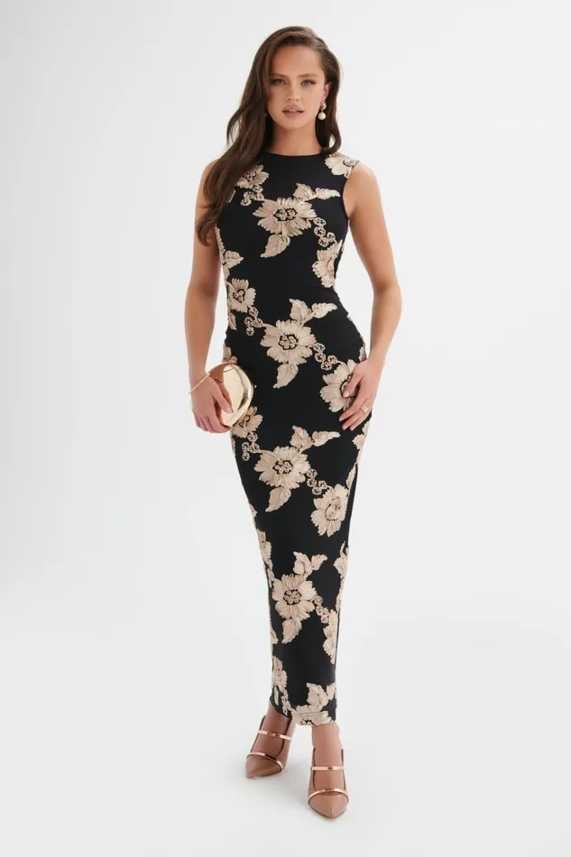 Women Bodycon Dresses Lavish Alice MABEL Floral Satin Applique Longline Mesh Dress In Black Black