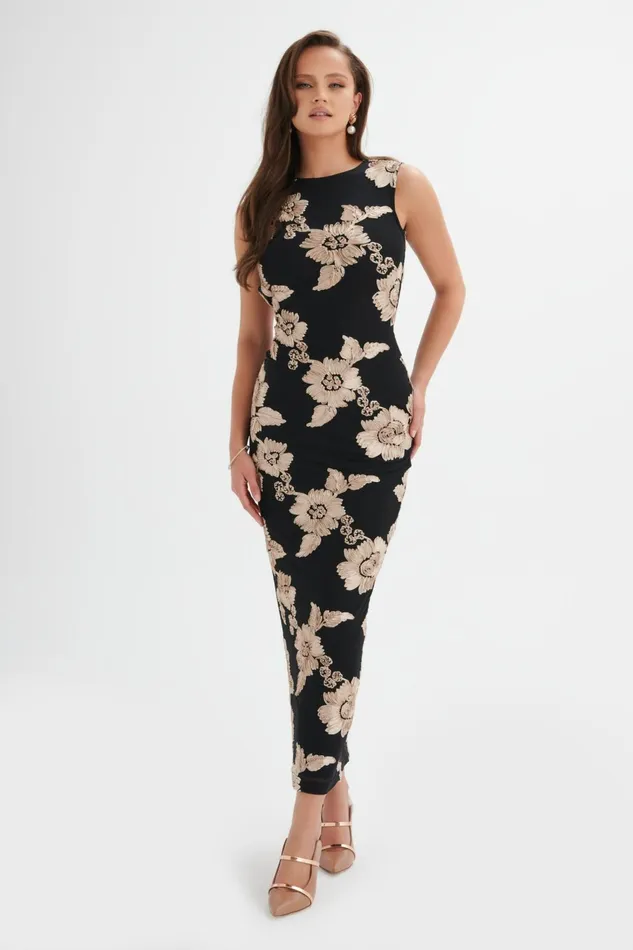 Women Bodycon Dresses Lavish Alice MABEL Floral Satin Applique Longline Mesh Dress In Black Black