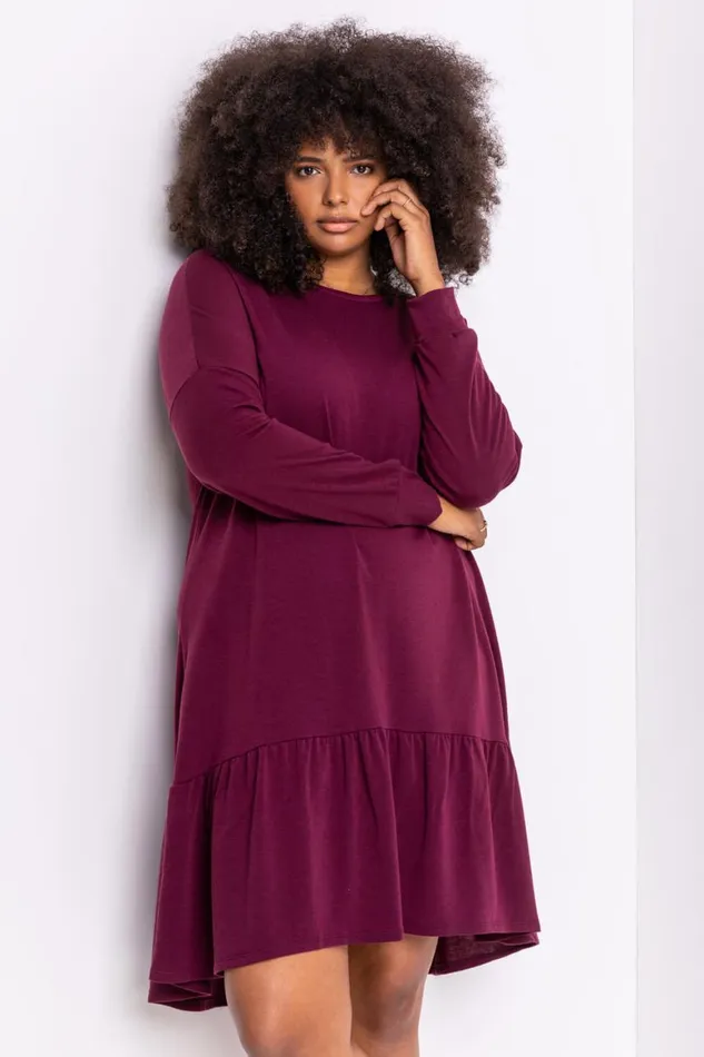 Women Bordeaux Curve Frill Hem Long Sleeve Dress Roman Dresses
