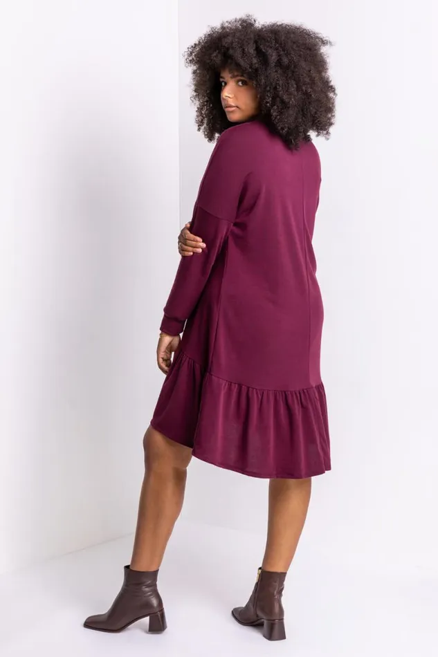 Women Bordeaux Curve Frill Hem Long Sleeve Dress Roman Dresses