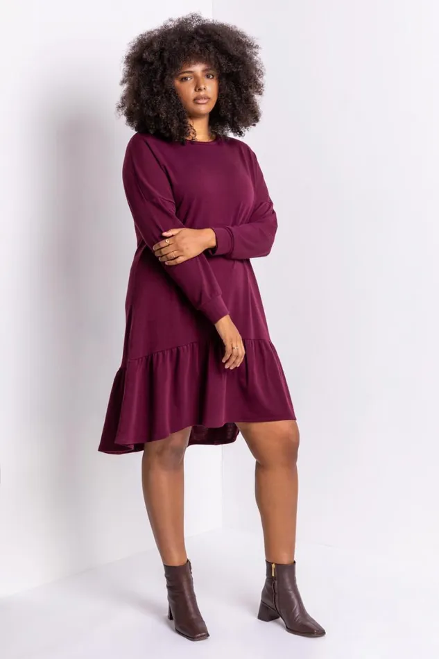 Women Bordeaux Curve Frill Hem Long Sleeve Dress Roman Dresses