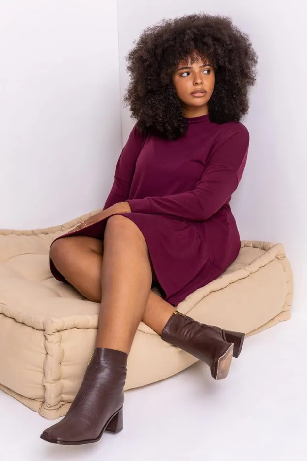 Women Bordeaux Curve Frill Hem Long Sleeve Dress Roman Dresses