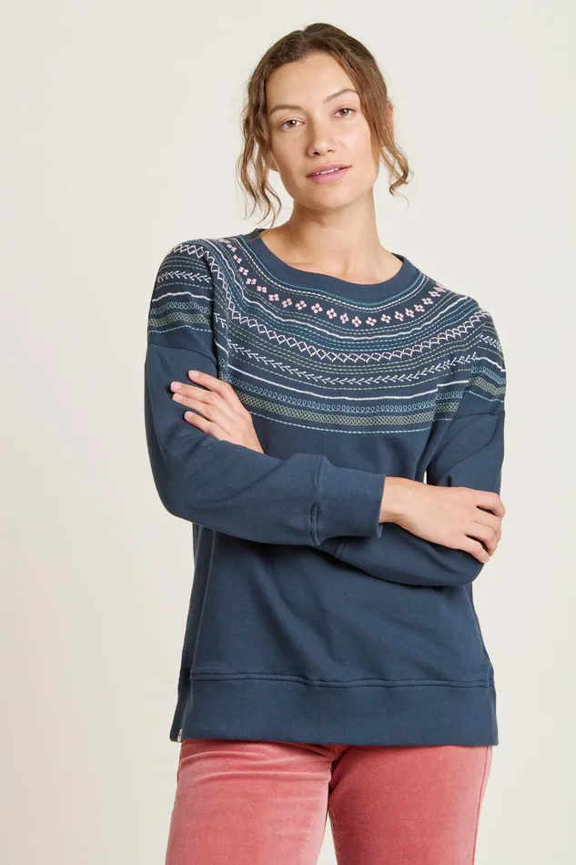 Women Brakeburn Sweatshirts And Hoodies Blue Embroidered Neckline Crew Neck Sweatshirt