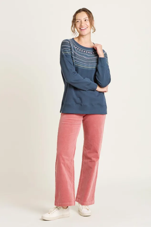 Women Brakeburn Sweatshirts And Hoodies Blue Embroidered Neckline Crew Neck Sweatshirt