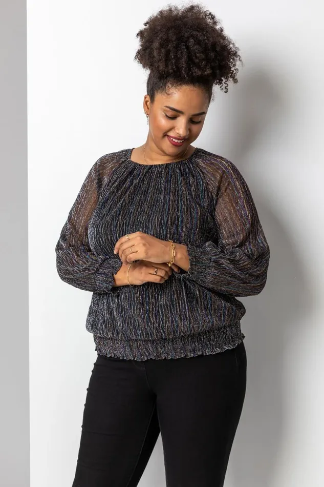 Women Bronze Curve Foil Shimmer Plisse Top Roman Tops