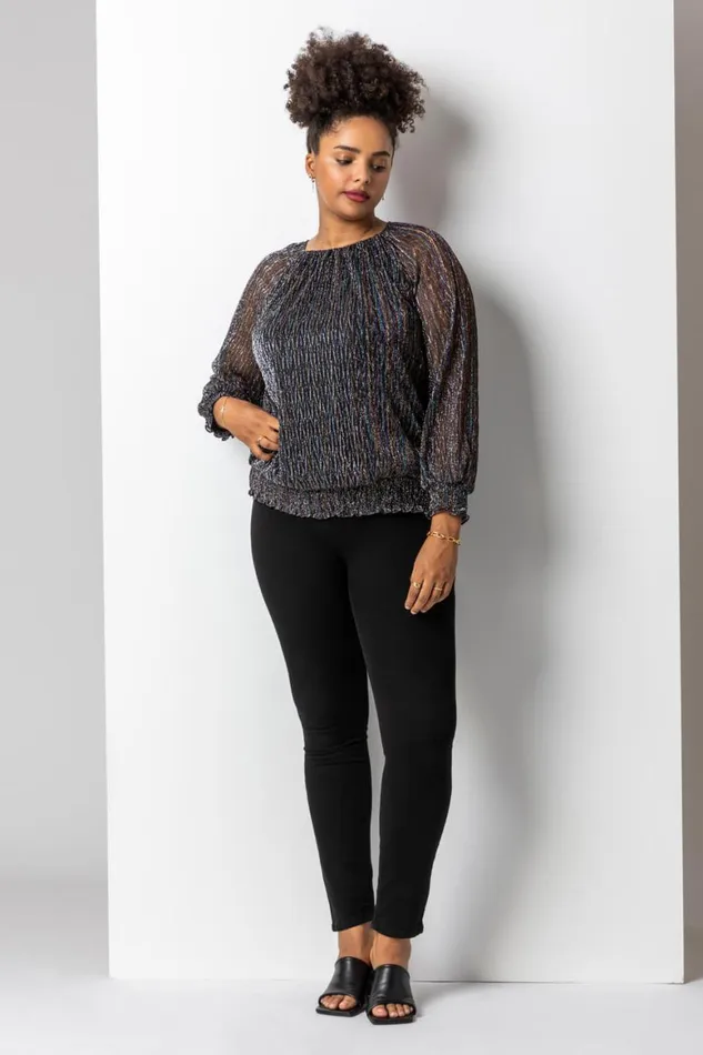 Women Bronze Curve Foil Shimmer Plisse Top Roman Tops