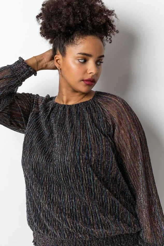 Women Bronze Curve Foil Shimmer Plisse Top Roman Tops