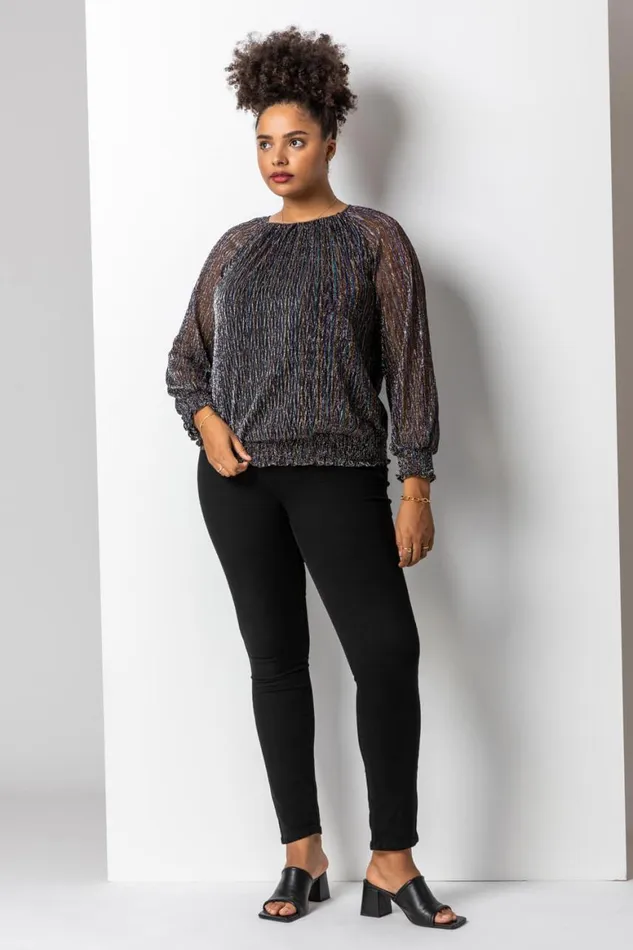 Women Bronze Curve Foil Shimmer Plisse Top Roman Tops