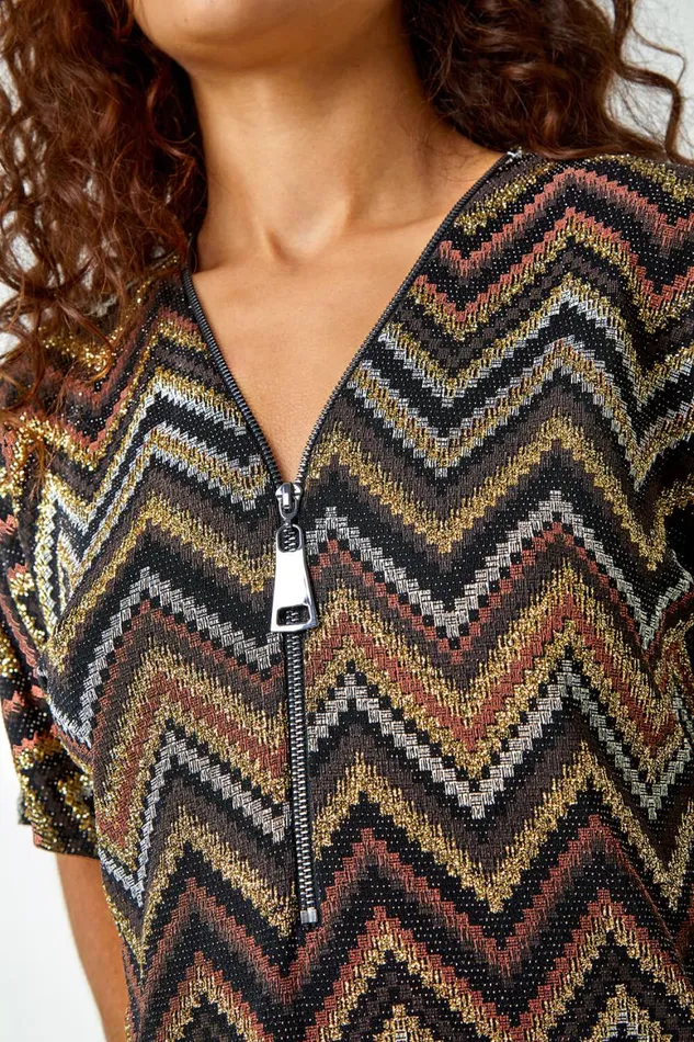 Women Bronze Glitter Zig Zag Zip Front Stretch Top Roman Tops