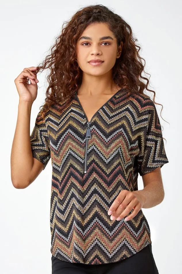 Women Bronze Glitter Zig Zag Zip Front Stretch Top Roman Tops