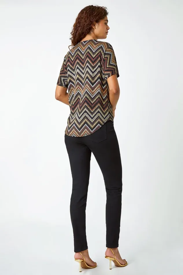 Women Bronze Glitter Zig Zag Zip Front Stretch Top Roman Tops