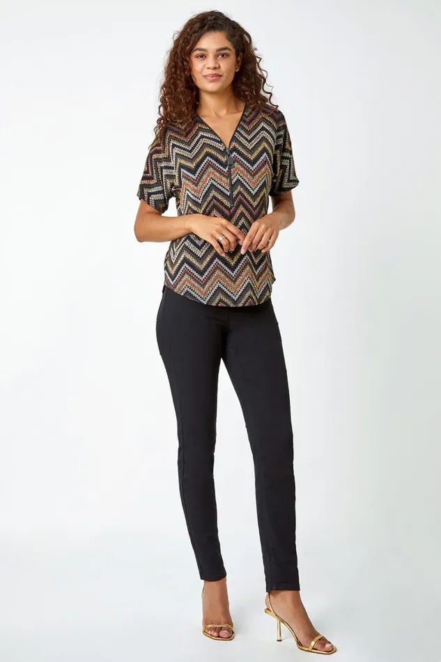 Women Bronze Glitter Zig Zag Zip Front Stretch Top Roman Tops