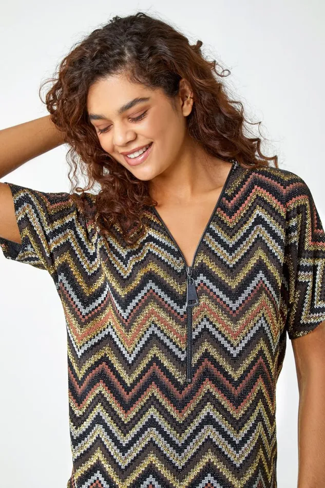 Women Bronze Glitter Zig Zag Zip Front Stretch Top Roman Tops