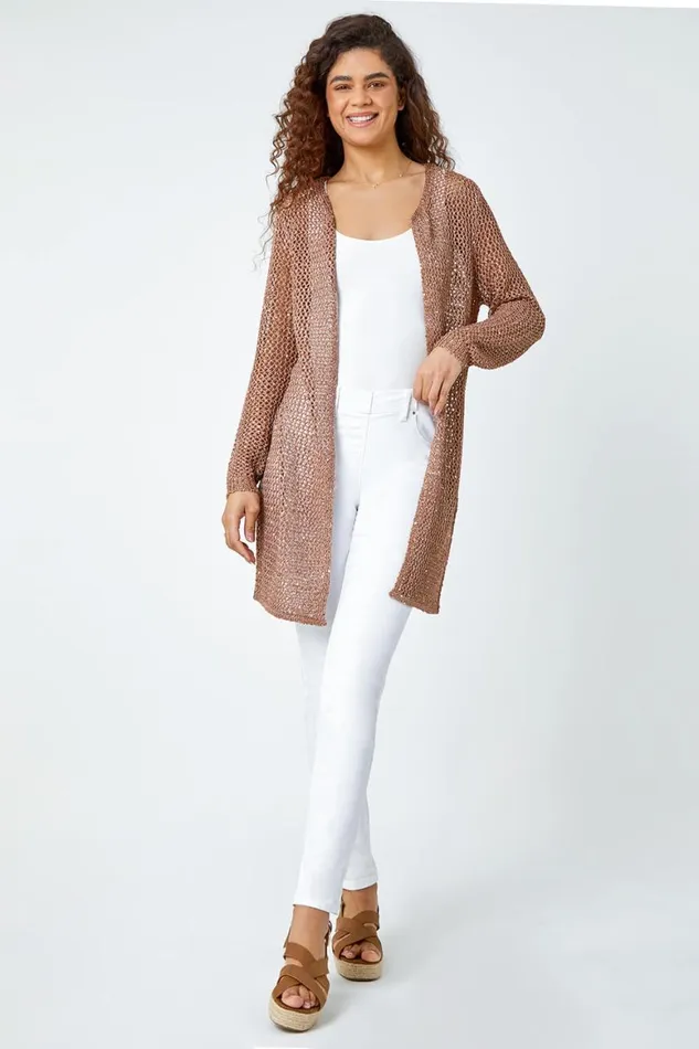 Women Bronze Sequin Knit Longline Cardigan Roman Knitwear