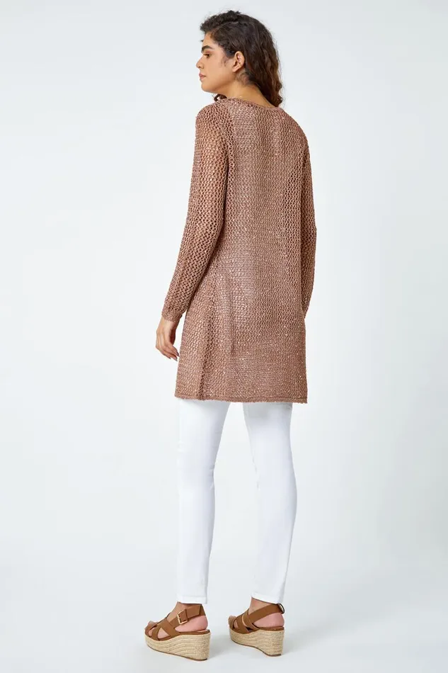 Women Bronze Sequin Knit Longline Cardigan Roman Knitwear