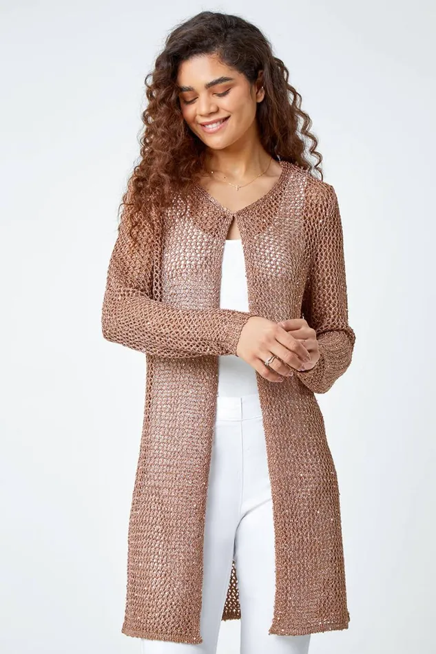 Women Bronze Sequin Knit Longline Cardigan Roman Knitwear