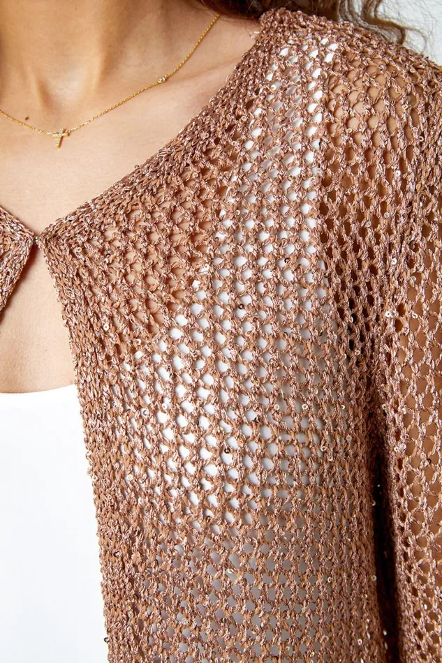 Women Bronze Sequin Knit Longline Cardigan Roman Knitwear
