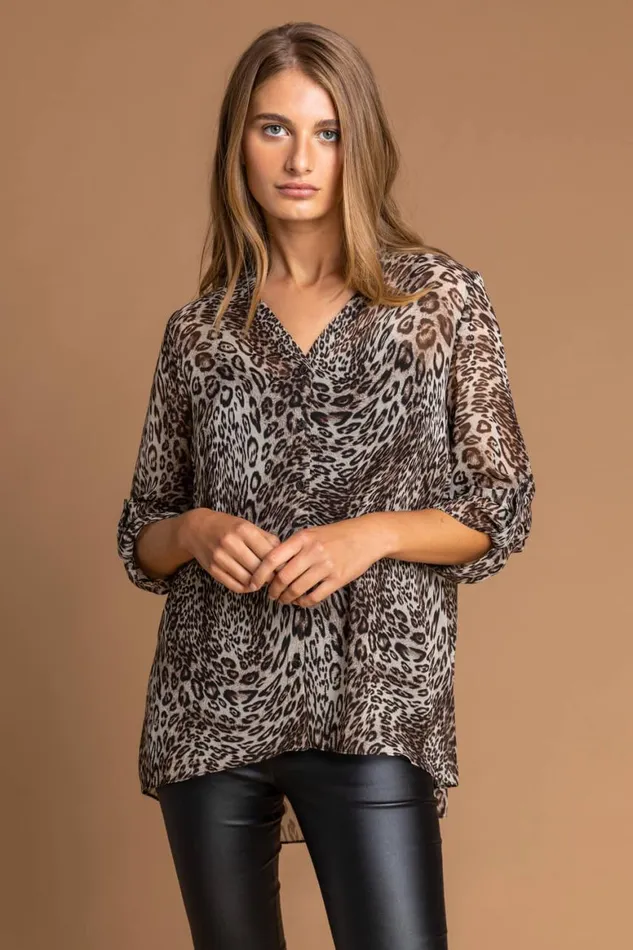 Women Brown Animal Print Chiffon Blouse Roman Tops