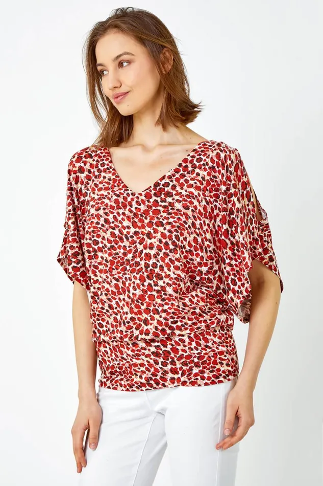 Women Brown Animal Print VNeck Cold Shoulder Stretch Top Roman Tops