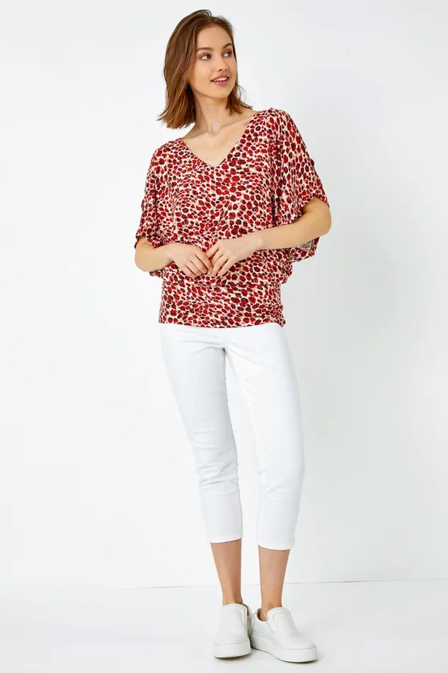 Women Brown Animal Print VNeck Cold Shoulder Stretch Top Roman Tops