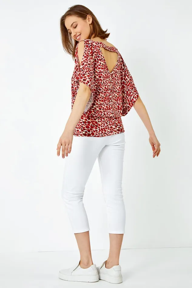 Women Brown Animal Print VNeck Cold Shoulder Stretch Top Roman Tops