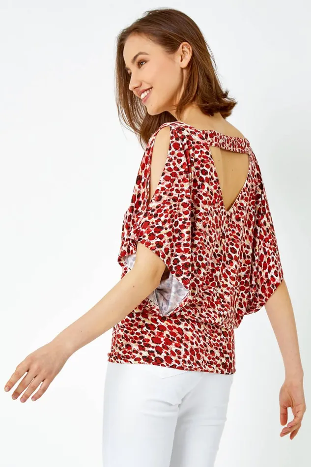 Women Brown Animal Print VNeck Cold Shoulder Stretch Top Roman Tops