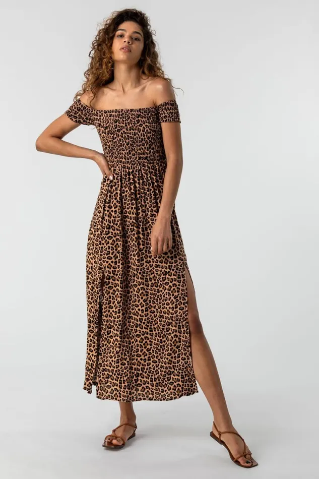 Women Brown Shirred Leopard Print Bardot Dress Roman Dresses
