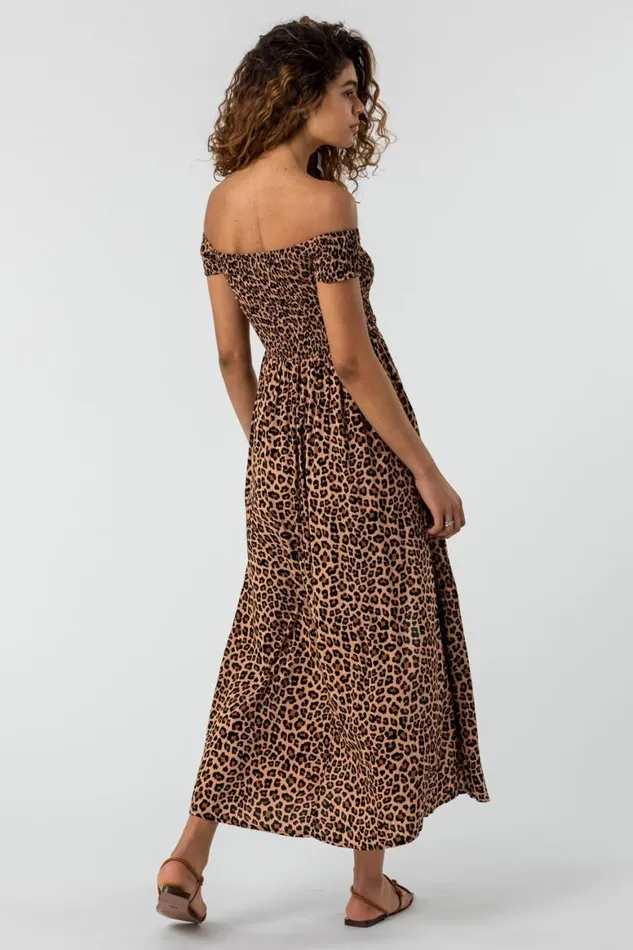 Women Brown Shirred Leopard Print Bardot Dress Roman Dresses