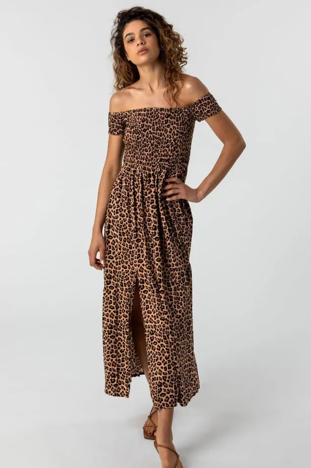 Women Brown Shirred Leopard Print Bardot Dress Roman Dresses