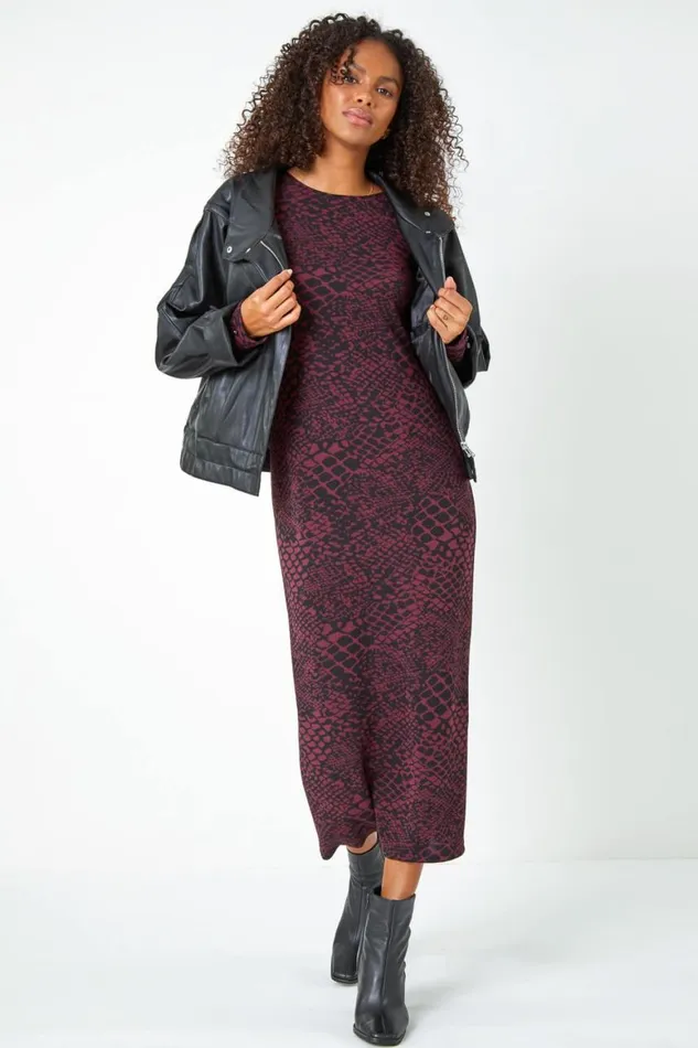 Women Burgundy Snake Print Jacquard Stretch Dress Roman Dresses