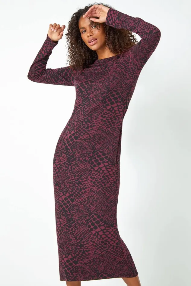 Women Burgundy Snake Print Jacquard Stretch Dress Roman Dresses