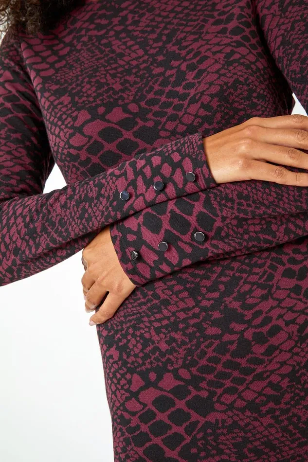 Women Burgundy Snake Print Jacquard Stretch Dress Roman Dresses