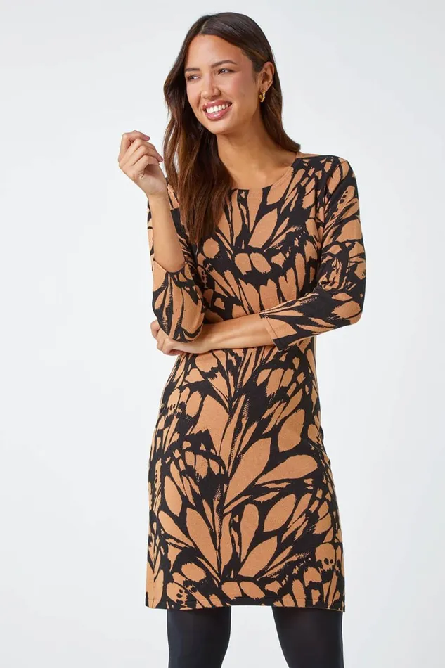 Women Camel Butterfly Print Knitted Stretch Dress Roman Dresses