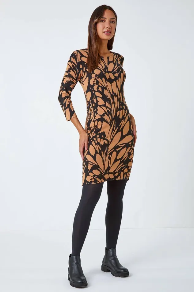 Women Camel Butterfly Print Knitted Stretch Dress Roman Dresses