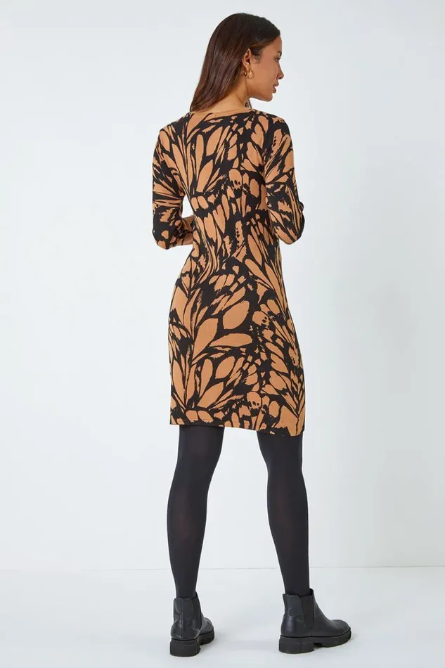 Women Camel Butterfly Print Knitted Stretch Dress Roman Dresses