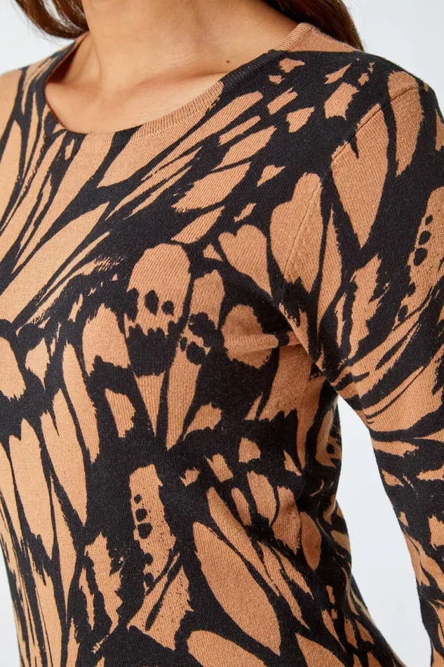Women Camel Butterfly Print Knitted Stretch Dress Roman Dresses