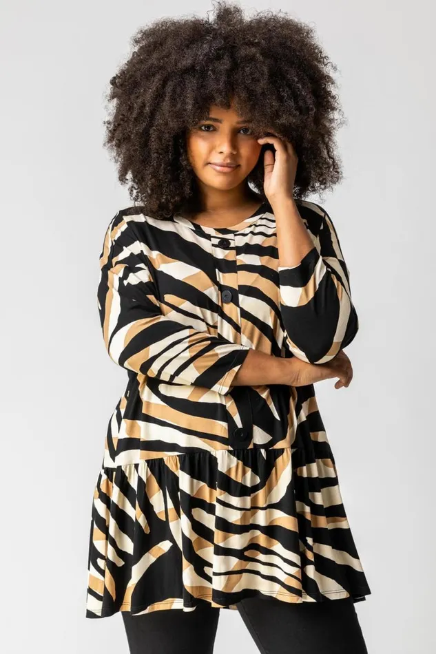 Women Camel Curve Animal Print Button Smock Top Roman Tops