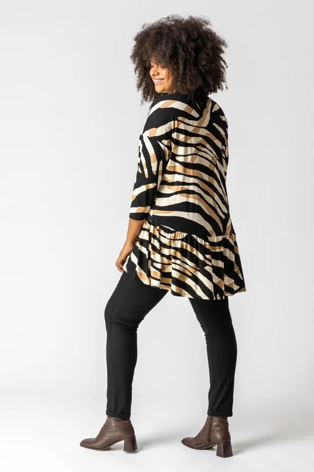 Women Camel Curve Animal Print Button Smock Top Roman Tops