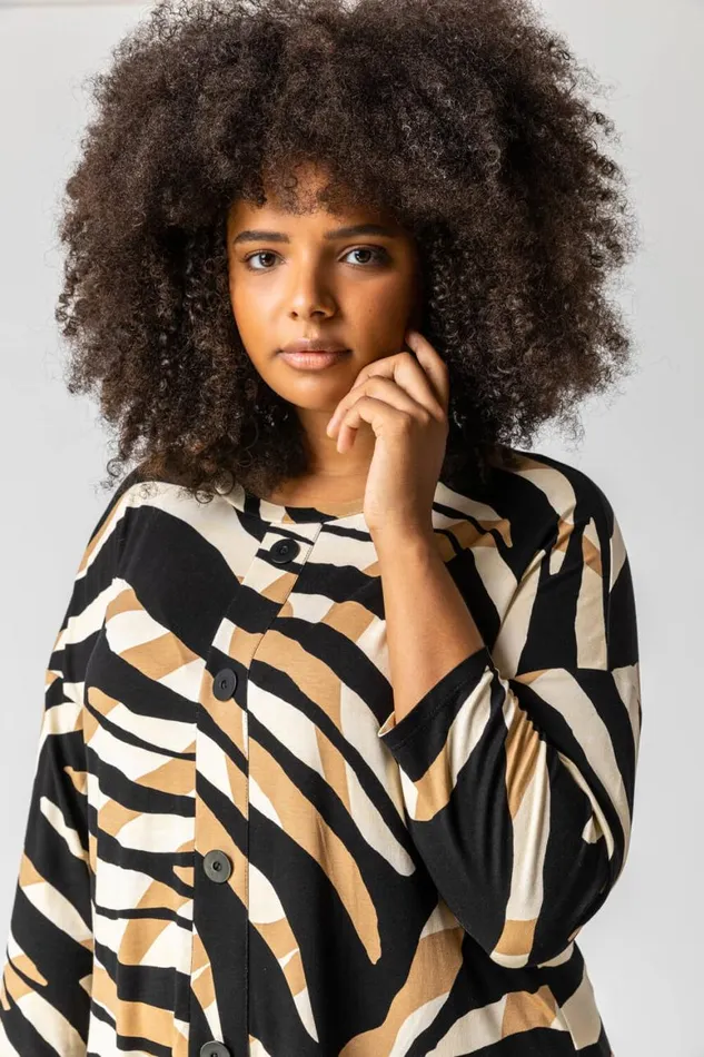 Women Camel Curve Animal Print Button Smock Top Roman Tops