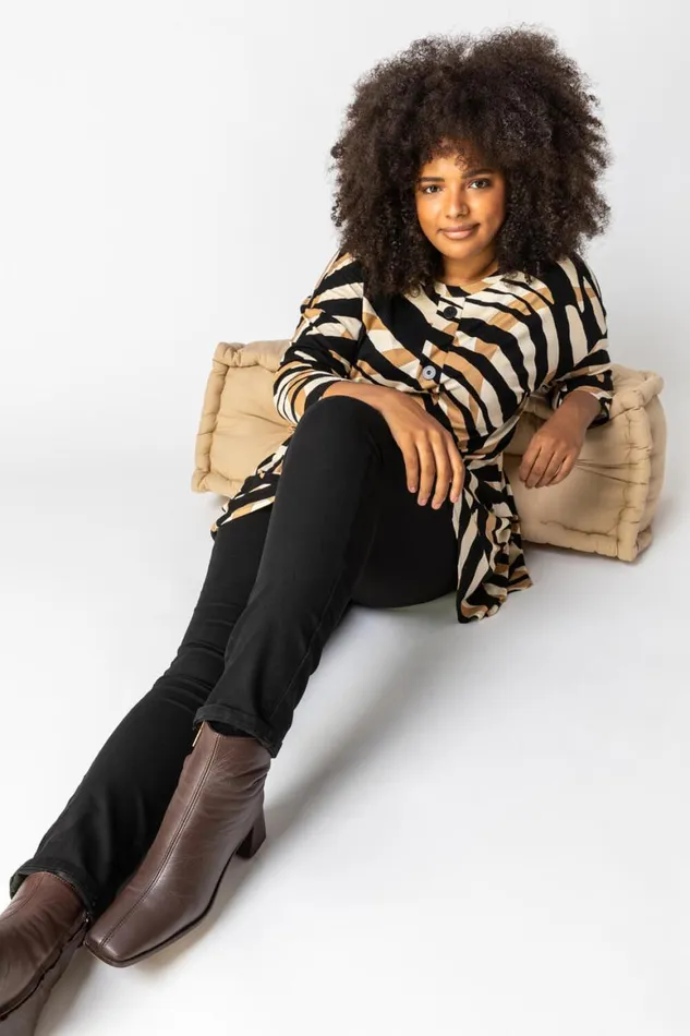 Women Camel Curve Animal Print Button Smock Top Roman Tops