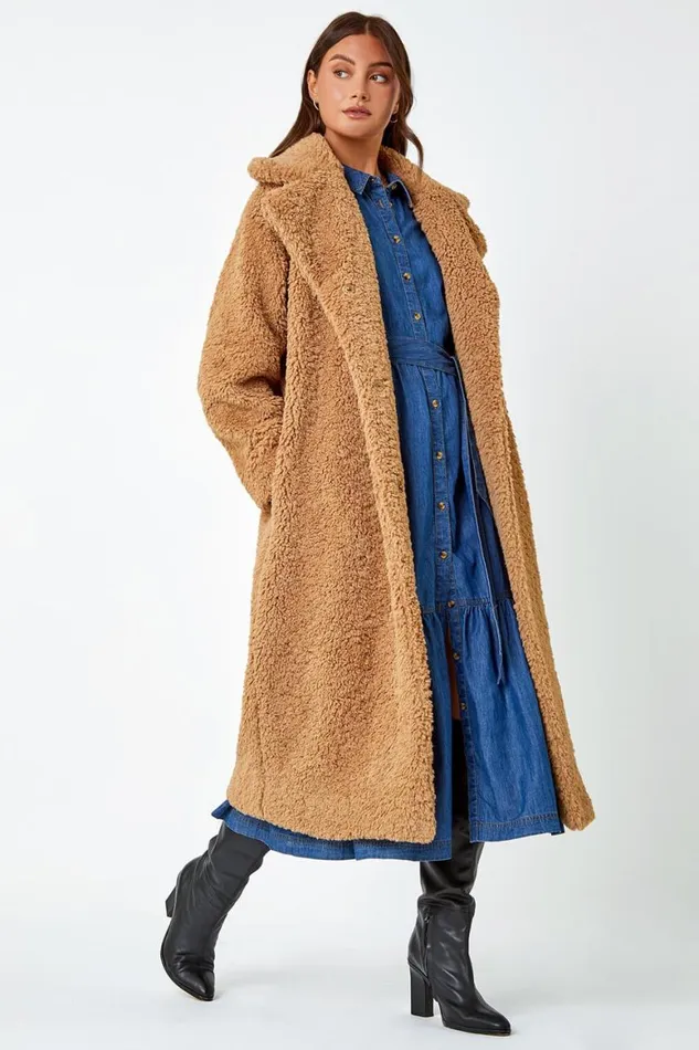 Women Camel Longline Faux Fur Teddy Borg Coat Roman Coats
